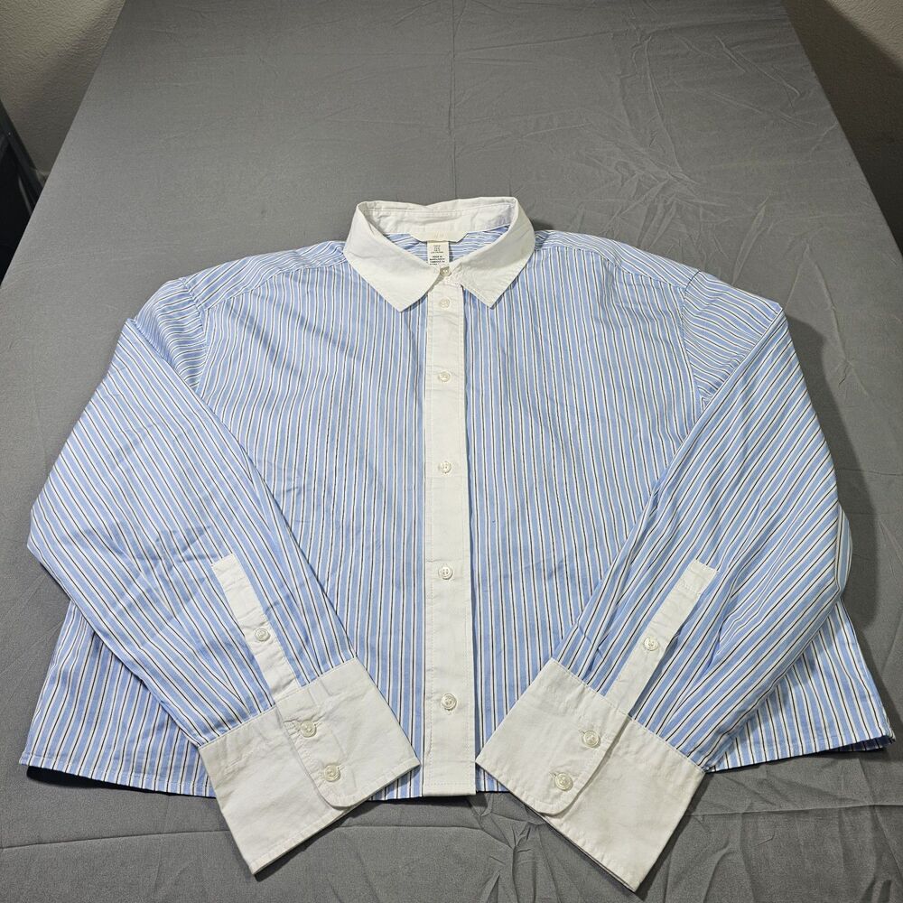 H&M women's blue and white striped oversized poplin shirt